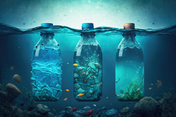 Plastic water bottles pollution in ocean (Environment concept). Generative ai.