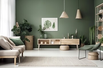 Minimalist apartment living room with trendy shelf, vase with tropical leaf, and attractive personal accessories. Copies. Eucalyptus hue. Template. Generative AI
