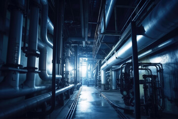 Industrial zone, Steel pipelines and cables in blue tones. Generative ai.