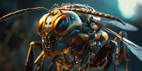 Obraz na płótnie Canvas amazing macro photography of a cyborg bee in the nature, futuristic, robot implants