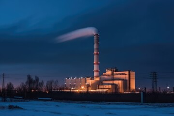 thermo power plant, blue hour shot, few clouds and vibrant sky. Generative ai.