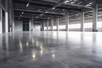 Concrete floor inside industrial building. Use as large factory, warehouse, storehouse, hangar or plant. Modern interior with metal wall and steel structure. Generative ai.
