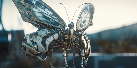 amazing macro photography of a cyborg butterfly in the nature, futuristic, robot implants