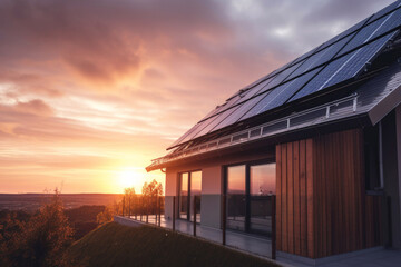 close up photo of solar panels on a new modern home, sunset in background. Generative ai