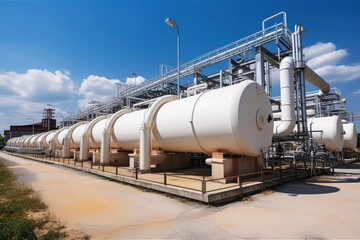 Industry pipeline transport petrochemical, gas and oil processing, furnace factory line, rack of heat chemical manufacturing, equipment steel pipes plant. Generative ai.