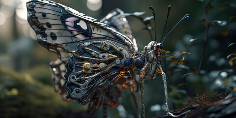 Fototapeta na wymiar amazing macro photography of a cyborg butterfly in the nature, futuristic, robot implants