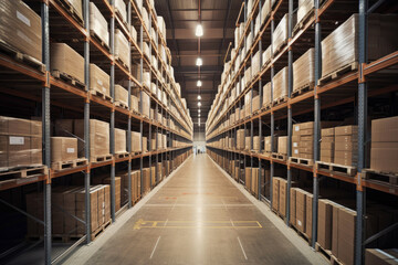 Huge distribution warehouse with high shelves. Generative ai.