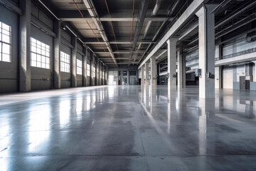 Concrete floor inside industrial building. Use as large factory, warehouse, storehouse, hangar or plant.Generative ai.