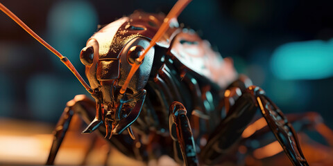Obraz na płótnie Canvas amazing macro photography of a cyborg cockroach in the nature, futuristic, robot implants