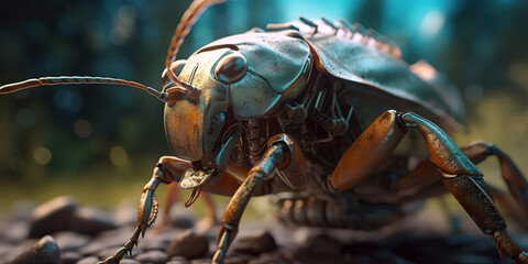 amazing macro photography of a cyborg cockroach in the nature, futuristic, robot implants