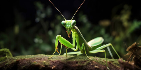 amazing macro photography of a cyborg green praying mantis in the nature, futuristic, robot implants