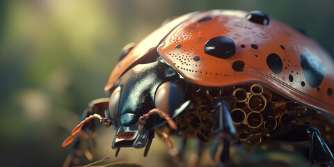 amazing macro photography of a cyborg ladybug in the nature, futuristic, robot implants