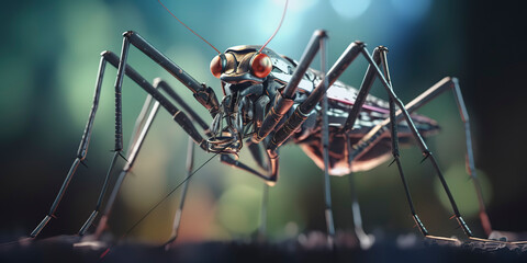Fototapeta na wymiar amazing macro photography of a cyborg mosquito in the nature, futuristic, robot implants