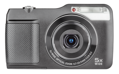 Digital compact camera with open lens isolated on transparent background