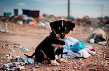 A homeless little puppy in a landfill. Generative AI.