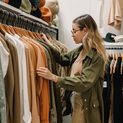 person shopping in thrift store for fashionable clothing at a discount, eco friendly, reusable, ai generated