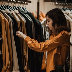 person shopping in thrift store for fashionable clothing at a discount, eco friendly, reusable, ai generated