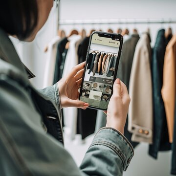 fashion in someones phone, pictures of high fashion eco friednly clothing, ai generated