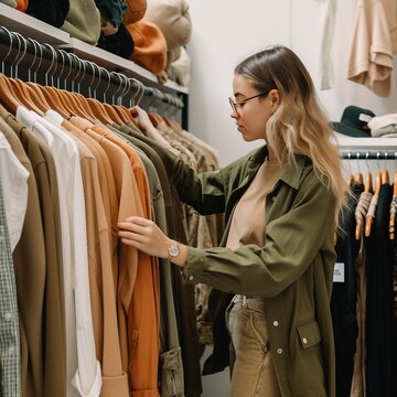 person shopping in thrift store for fashionable clothing at a discount, eco friendly, reusable, ai generated