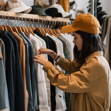person shopping in thrift store for fashionable clothing at a discount, eco friendly, reusable, ai generated