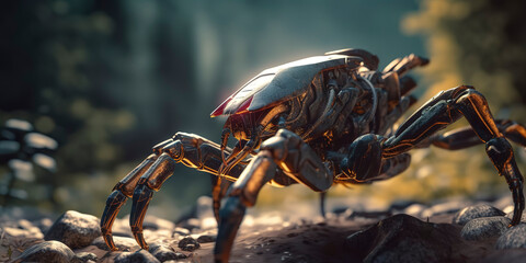 amazing macro photography of a cyborg scorpion in the nature, futuristic, robot implants