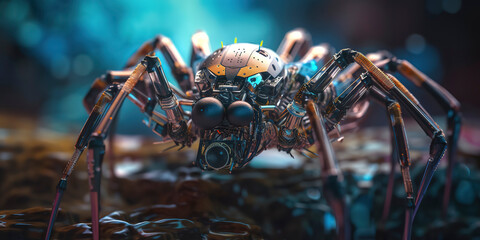 Obraz na płótnie Canvas amazing macro photography of a cyborg spider in the nature, futuristic, robot implants