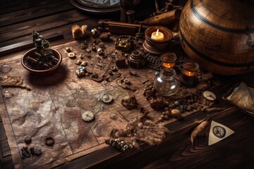 Background with a pirate treasure map, brown wooden table, and other series.Generative AI