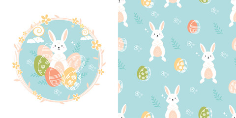 Cartoon and seamless pattern cute kawaii rabbit happy easter. Vector illustration. Kids collection. Design for kids apparel, cards, fabric, wallpaper.