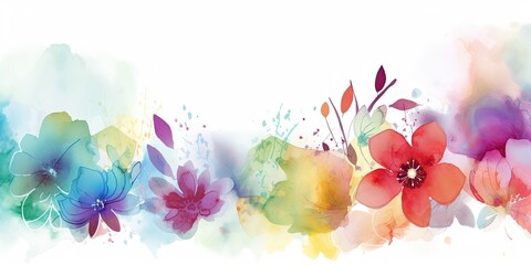 Watercolor colorful flowers creating border with space for Copy  - Generative AI Art