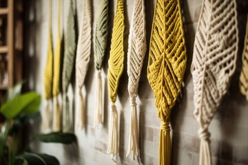 Yellow, white, green, and natural macrame leaves wall hanging on wooden pole. Decorate with cotton rope macrame. Copies. Generative AI
