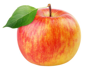 Ripe red yellow apple fruit with green leaf isolated on transparent background