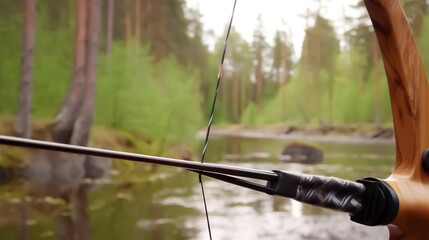 Archery wearing traditional dress target ring and out of focus archer with a bow in the foreground during an archery competition. white background. Created with Generative AI technology.