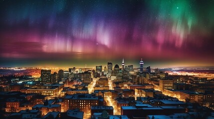panoramic view of a city skyline at night, with a rainbow-colored aurora borealis in the sky