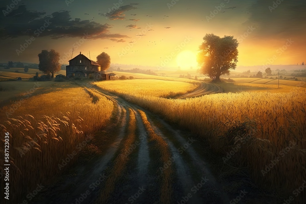 Poster a fields' captivating serenity at the setting sun generative ai
