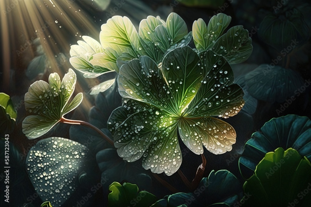 Poster a flurry of shimmering rays and verdant petals generative ai