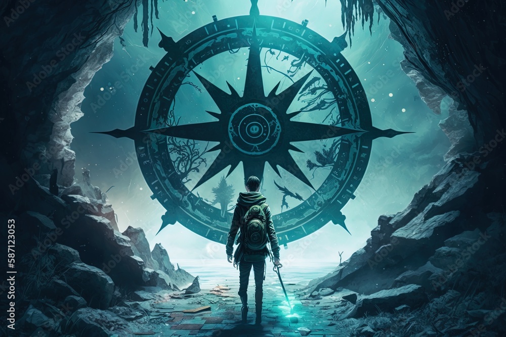 Poster a journey into the unknown: an arcane compass of adventure and mystery generative ai