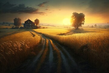 Obraz premium A Fields' Captivating Serenity at the Setting Sun Generative AI