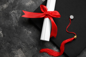 Diploma with red ribbon and graduation hat on dark grey table - Powered by Adobe