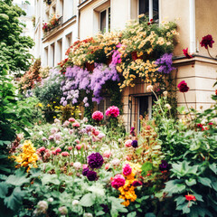Fototapeta na wymiar A Parisian Street Covered in Flowers - generative AI