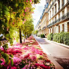 Obraz na płótnie Canvas A Parisian Street Covered in Flowers - generative AI