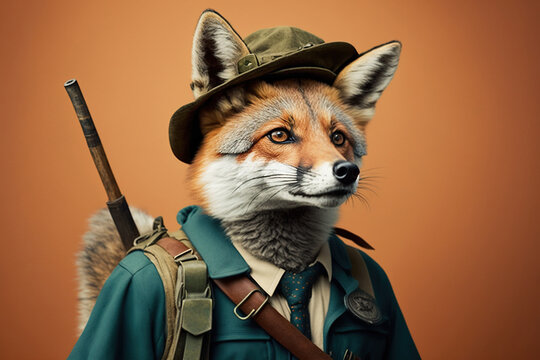 happy fox dressed as a hunter created with Generative AI technology
