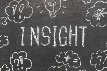 Word INSIGHT and drawn speech bubbles on chalkboard, closeup