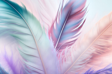 Fototapeta premium Pastel feathers background. Soft colorful feathers texture. Generative AI.
