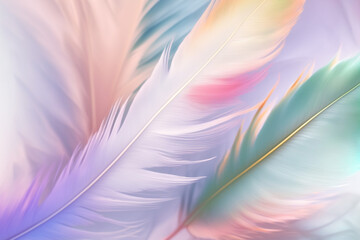 Pastel feathers background. Soft colorful feathers texture. Generative AI.