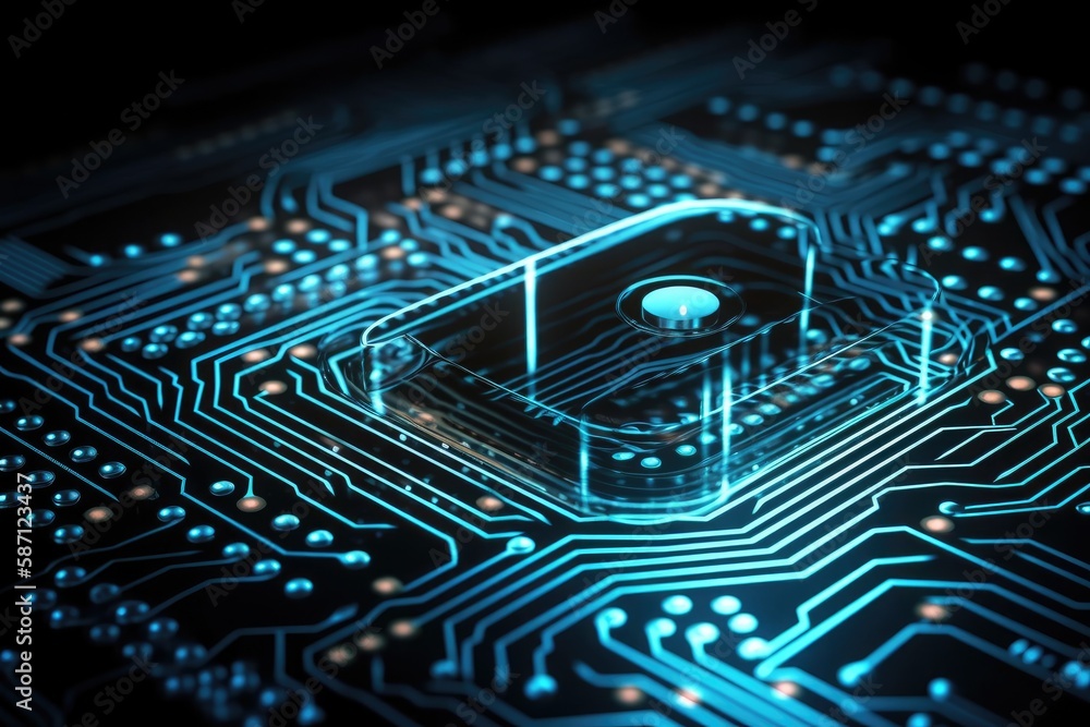 Poster close-up view of a computer chip on a circuit board. generative ai