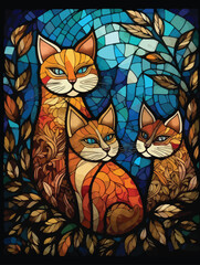 Cute cat family vector illustration. Stained glass style.