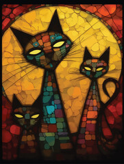Cute cat family vector illustration. Stained glass style.