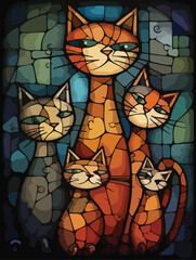 Cute cat family vector illustration. Stained glass style.