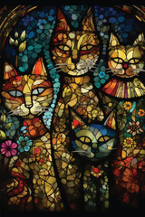 Fototapeta na wymiar Cute cat family vector illustration. Stained glass style.
