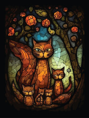 Cute cat family vector illustration. Stained glass style.